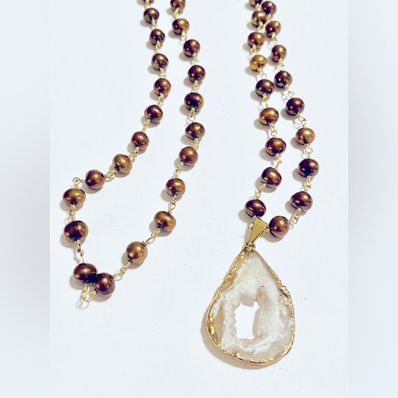 Chocolate Pearls with Sliced Gold Edged Agate Necklace - Picture 1 of 3